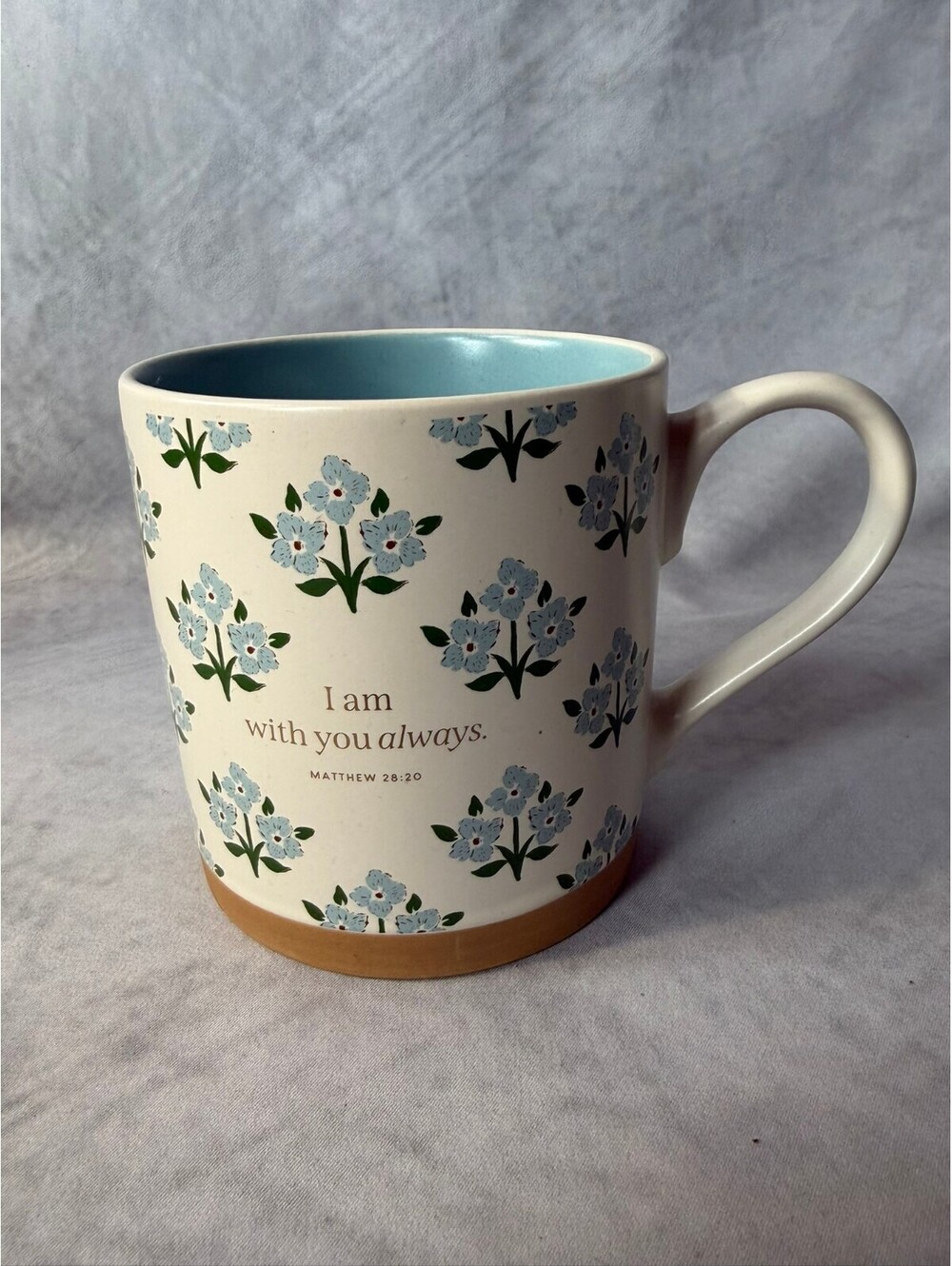 Christian Floral Ceramic Mug “I Am With You Always” Matthew 28:20 Blue Flowers